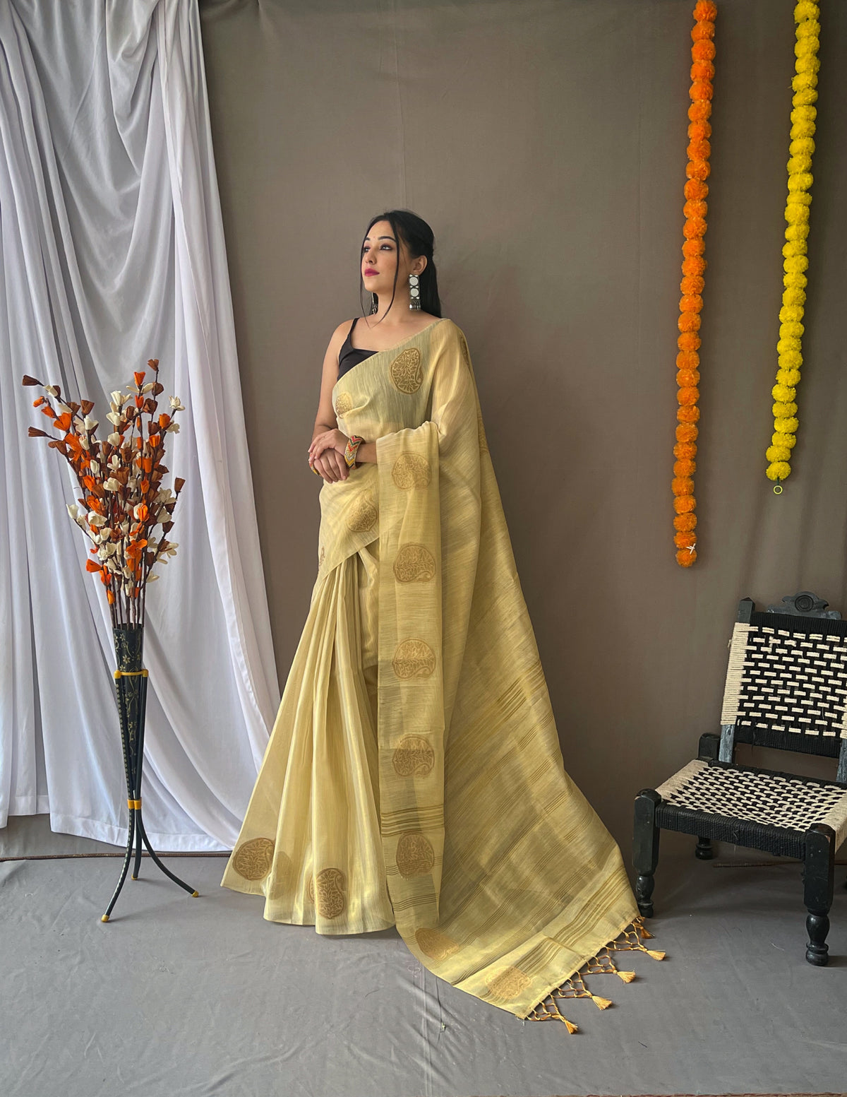 Original Cream Tissue Silk Sarees with All-Over Zari Weaving and Mango Border - Chit Pallu with Jhalar, Paired with Zari Lining Unstitched Blouse.