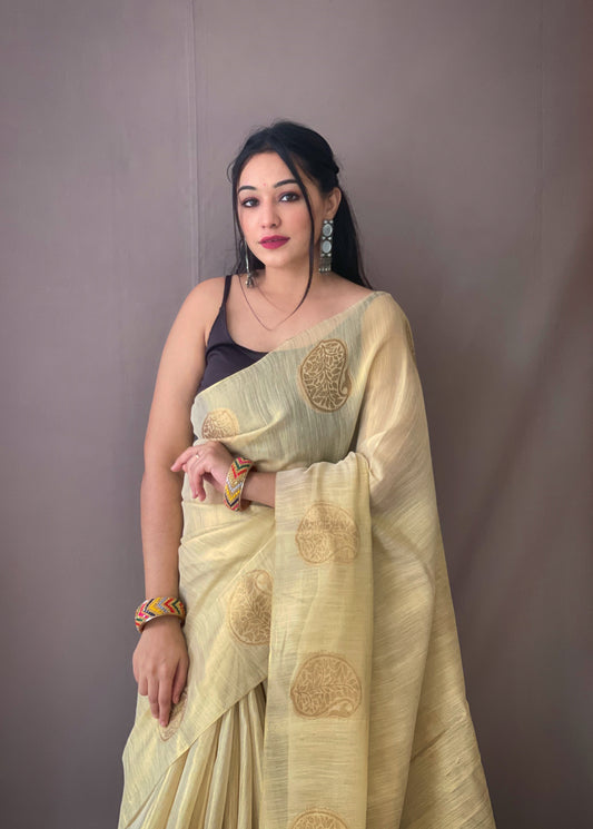 Original Cream Tissue Silk Sarees with All-Over Zari Weaving and Mango Border - Chit Pallu with Jhalar, Paired with Zari Lining Unstitched Blouse.