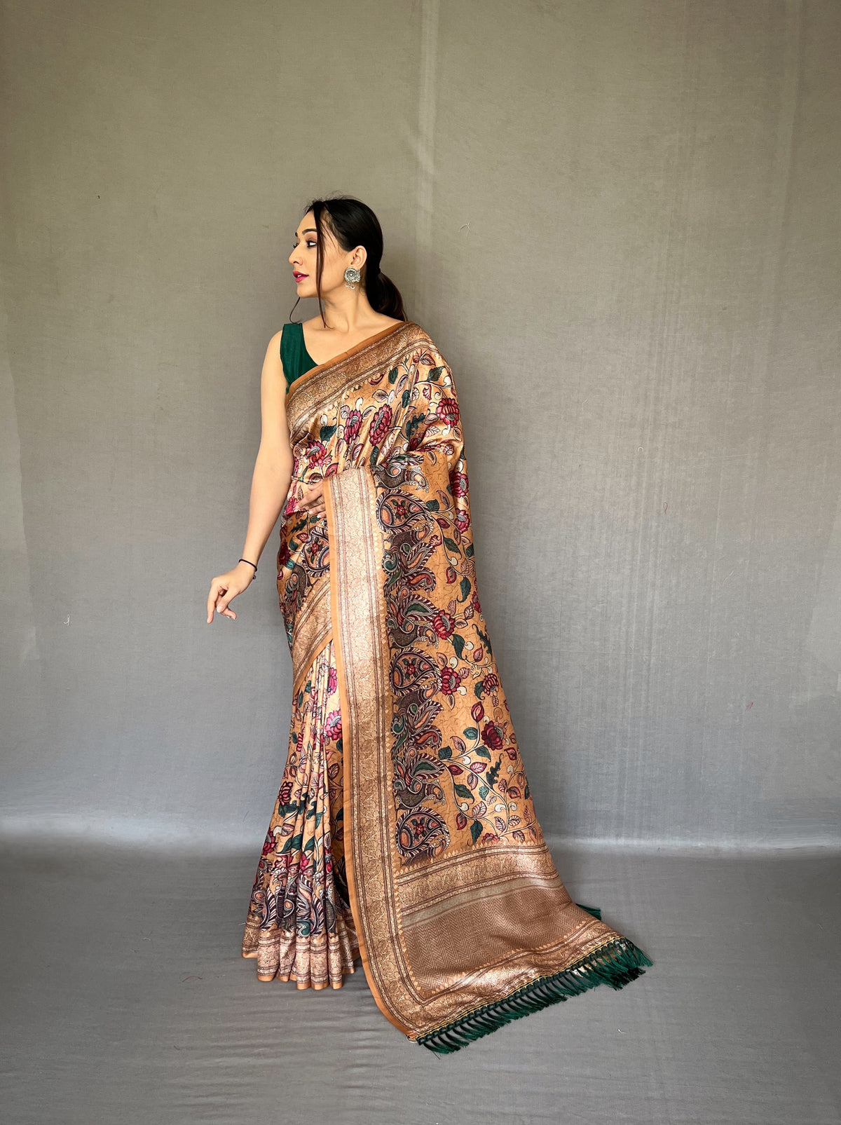 Soft Creem Silk Sari with Innovative Kalamkari Fusion Print Design