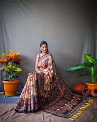 Cream Cotton Sarees with Kalamkari Digital Print