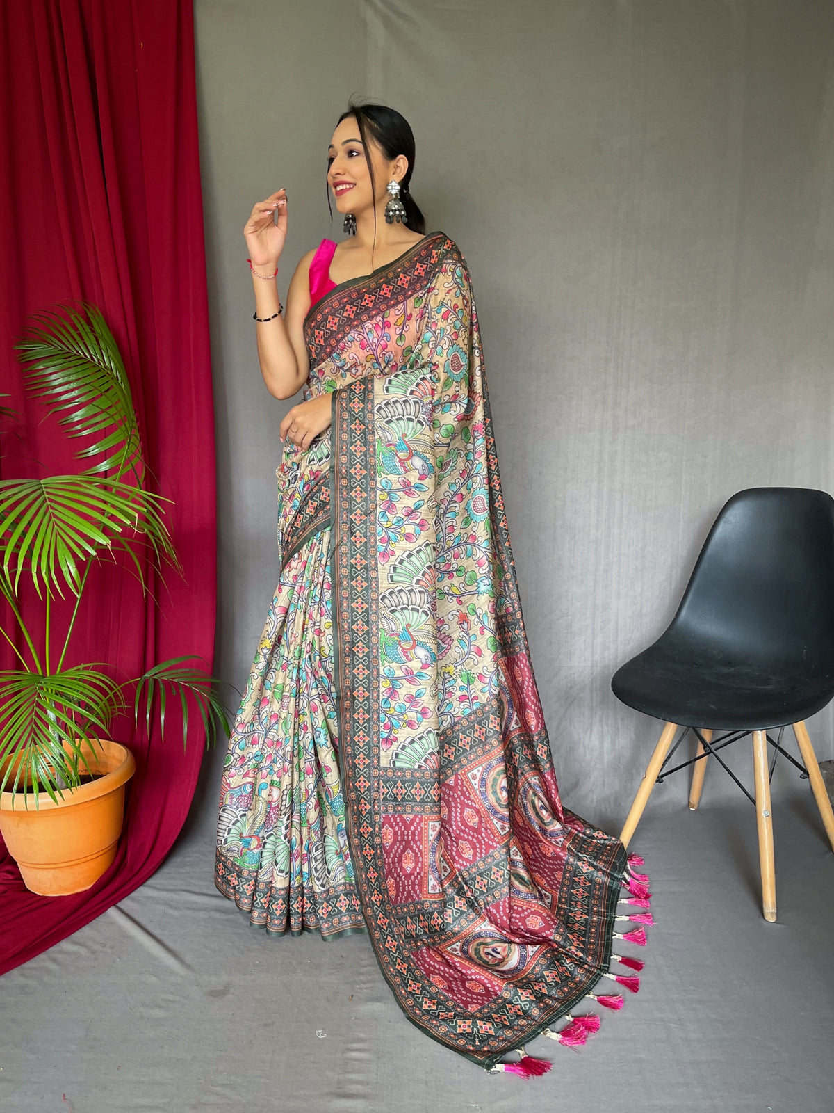 Cream Kalamkari Print Pure Malai Cotton Saree