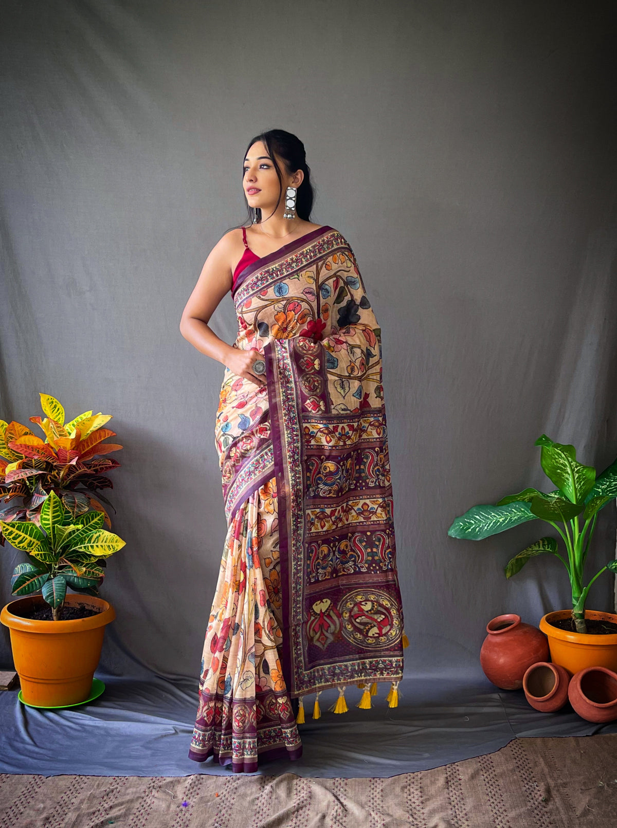 Cream Cotton Sarees with Kalamkari Digital Print