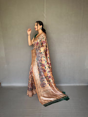 Soft Creem Silk Sari with Innovative Kalamkari Fusion Print Design