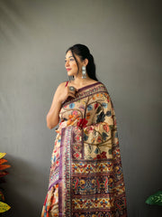 Cream Cotton Sarees with Kalamkari Digital Print