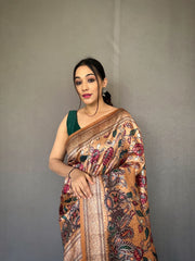 Soft Creem Silk Sari with Innovative Kalamkari Fusion Print Design