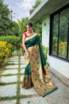 Dark Green Pure Paithani Silk Saree with Traditional Paithani Border and Unique Motif Patterns - Contrast Richly Woven Pallu and Meenakari Motif Blouse.