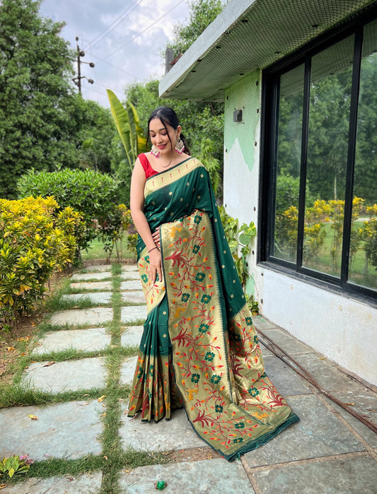 Dark Green Pure Paithani Silk Saree with Meenakari Motif Blouse