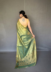 Elegant Dark Green Tissue Silk Saree with Jacquard Zari Weaving - Rich Pallu, Jacquard Weaving Border, and Beautiful Motifs | 6.3 Meter Length with Blouse.