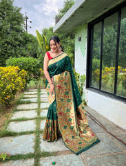 Dark Green Pure Paithani Silk Saree with Traditional Paithani Border and Unique Motif Patterns - Contrast Richly Woven Pallu and Meenakari Motif Blouse.