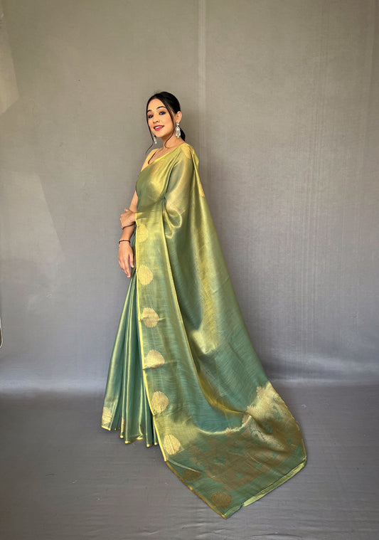 Dark Green Tissue Silk Saree with Jacquard Zari Weaving