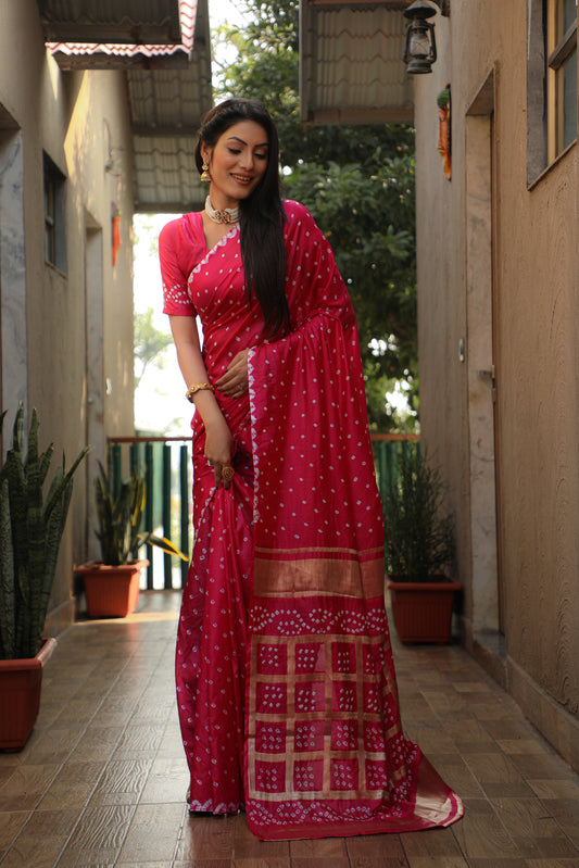 Dark Pink Bandhej Silk Saree with Checks Pattern Pallu