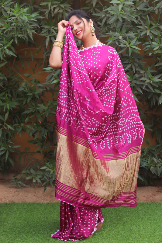 Dark Pink Pure Bandhej Silk Saree with Lagdi Patta Zari Weaving