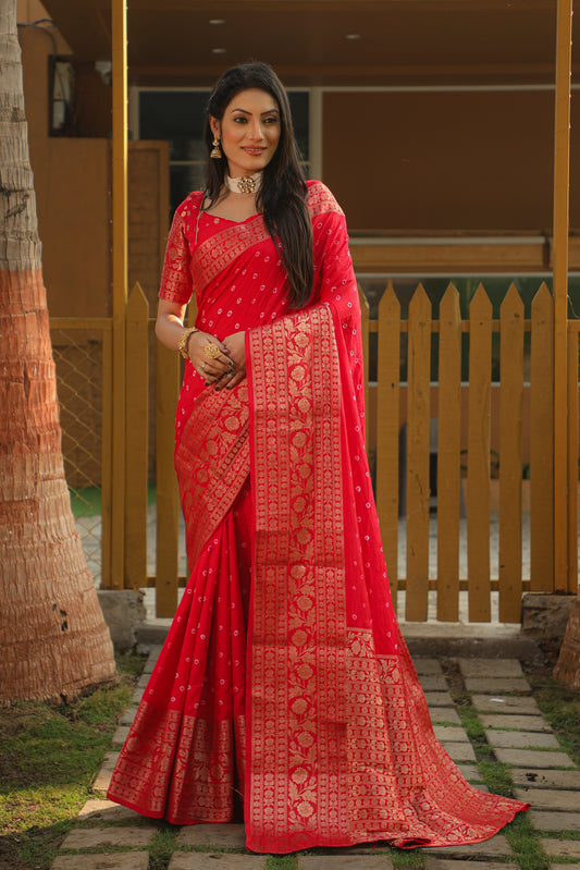 Dark Pink Color Handmade Bandhej Kanjivaram Silk Saree