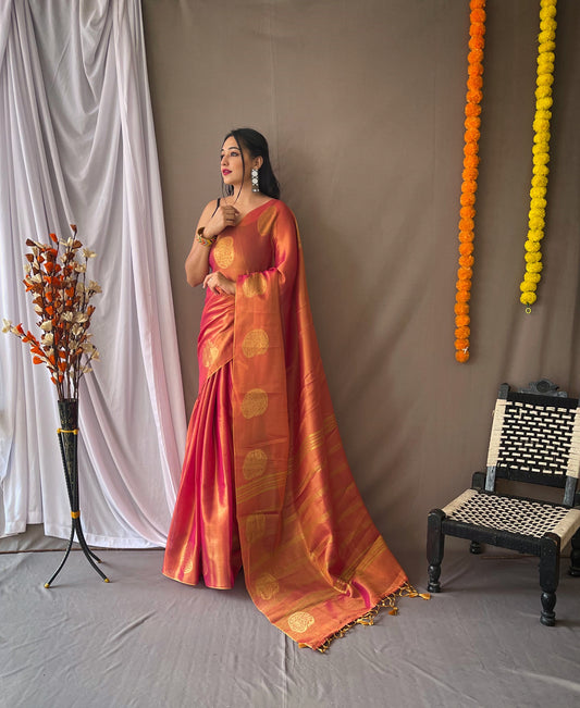 Original Dark Pink Tissue Silk Sarees with All-Over Zari Weaving and Mango Border - Chit Pallu with Jhalar, Paired with Zari Lining Unstitched Blouse.