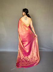 Elegant Dark Pink Tissue Silk Saree with Jacquard Zari Weaving - Rich Pallu, Jacquard Weaving Border, and Beautiful Motifs | 6.3 Meter Length with Blouse.