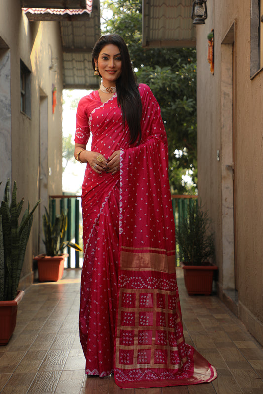 Dark Pink Bandhej Silk Saree with Checks Pattern Pallu