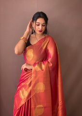 Original Dark Pink Tissue Silk Sarees with All-Over Zari Weaving and Mango Border - Chit Pallu with Jhalar, Paired with Zari Lining Unstitched Blouse.