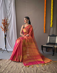 Original Dark Pink Tissue Silk Sarees with All-Over Zari Weaving and Mango Border - Chit Pallu with Jhalar, Paired with Zari Lining Unstitched Blouse.