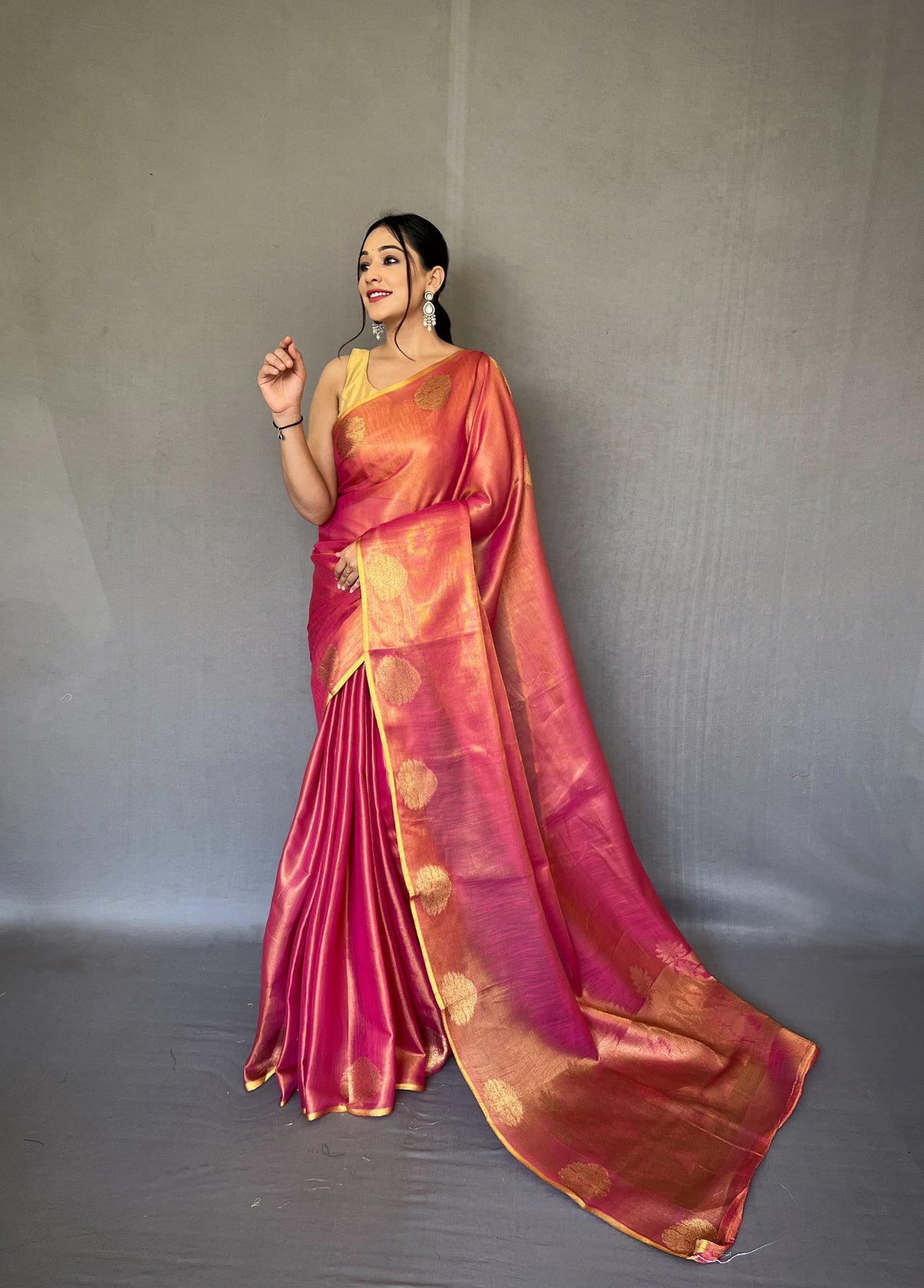 Dark Pink Tissue Silk Saree with Jacquard Zari Weaving