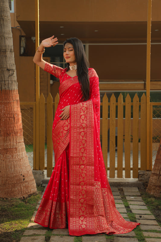 Luxurious Dark Pink Handmade Bandhej Kanjivaram Silk Saree | High-Quality, Stylish, and Comfortable with Zari Weaving & Rich Pallu.