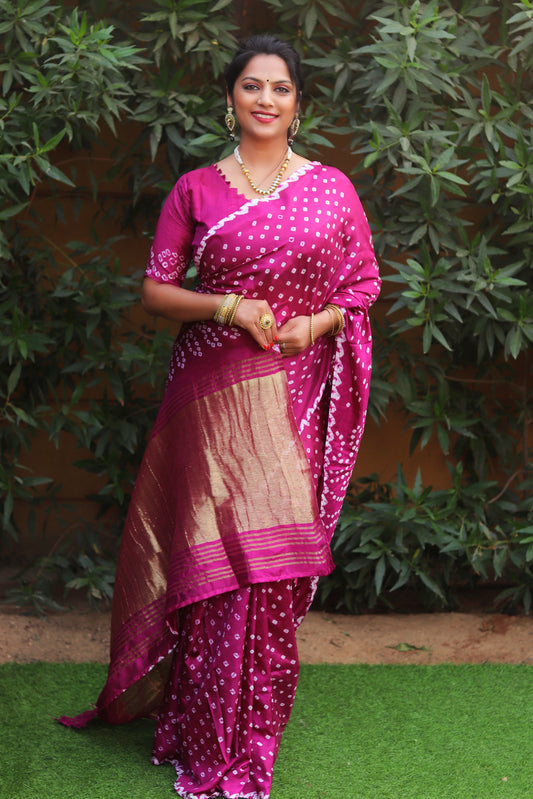 Premium Dark Pink Pure Bandhej Silk Saree with Lagdi Patta Zari Weaving & Rich Pallu | Includes Bandhej Design Blouse.