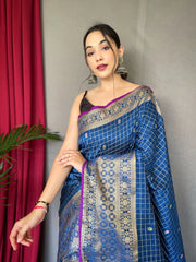 Exquisite Blue Handloom Saree with Superb Antique Weaving: Heavy Gold Jacquard Border, Small Motifs, and Meena Work with Unstitched Blouse Piece.