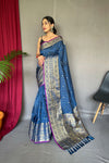 Exquisite Blue Handloom Saree with Superb Antique Weaving: Heavy Gold Jacquard Border, Small Motifs, and Meena Work with Unstitched Blouse Piece.