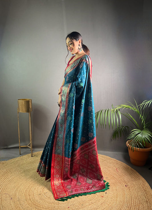 Blue Color Soft Rangeen Patola Silk Saree with All-Over Meenakari Weaving | Rich Pallu with Tassels | Unstitched Blouse Piece Included.