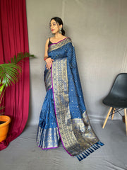 Exquisite Blue Handloom Saree with Superb Antique Weaving: Heavy Gold Jacquard Border, Small Motifs, and Meena Work with Unstitched Blouse Piece.