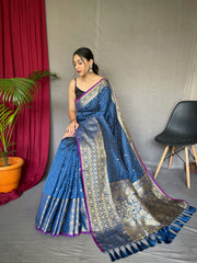 Exquisite Blue Handloom Saree with Superb Antique Weaving: Heavy Gold Jacquard Border, Small Motifs, and Meena Work with Unstitched Blouse Piece.