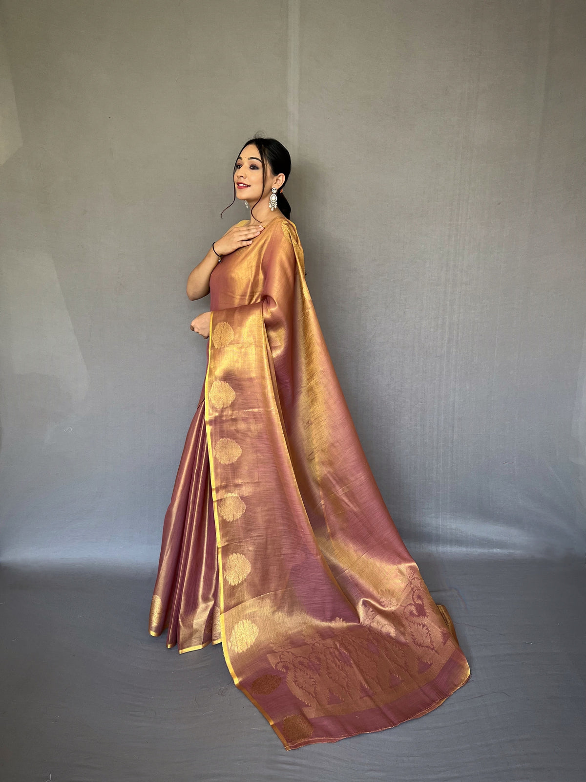 Elegant Bronze Color Tissue Silk Saree with Jacquard Zari Weaving - Rich Pallu, Jacquard Weaving Border, and Beautiful Motifs | 6.3 Meter Length with Blouse.