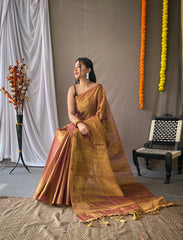 Original Bronze Color Tissue Silk Sarees with All-Over Zari Weaving and Mango Border - Chit Pallu with Jhalar, Paired with Zari Lining Unstitched Blouse.