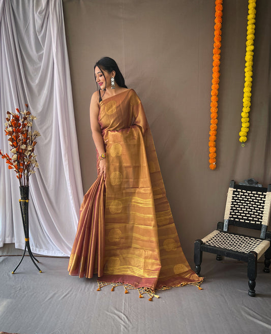 Original Bronze Color Tissue Silk Sarees with All-Over Zari Weaving and Mango Border - Chit Pallu with Jhalar, Paired with Zari Lining Unstitched Blouse.