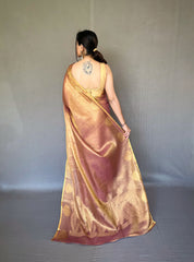 Elegant Bronze Color Tissue Silk Saree with Jacquard Zari Weaving - Rich Pallu, Jacquard Weaving Border, and Beautiful Motifs | 6.3 Meter Length with Blouse.