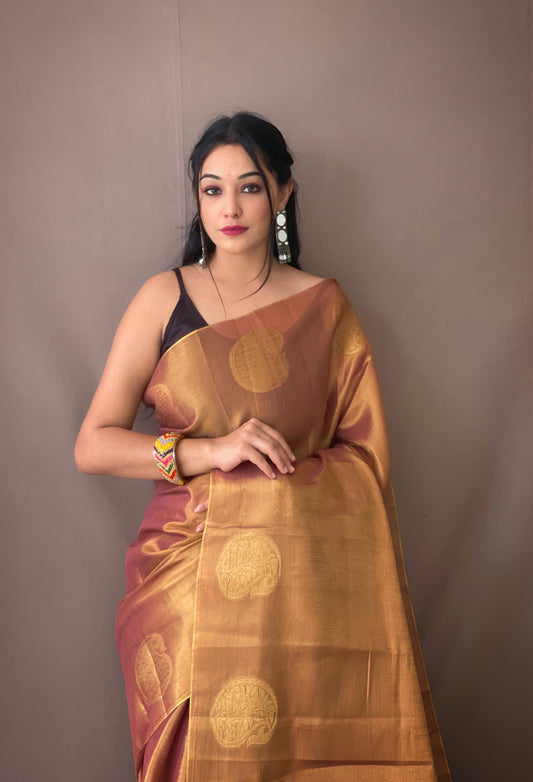 Original Bronze Color Tissue Silk Sarees with All-Over Zari Weaving and Mango Border - Chit Pallu with Jhalar, Paired with Zari Lining Unstitched Blouse.