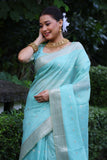 Firoz Color Maheshwari Tissue Silk Weaving Saree with Zari Butties, Woven Pallu, Border, and Fancy Tassels - Elegant Traditional Wear.