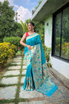 Firozi Color Pure Paithani Silk Saree with Traditional Paithani Border and Unique Motif Patterns - Contrast Richly Woven Pallu and Meenakari Motif Blouse.