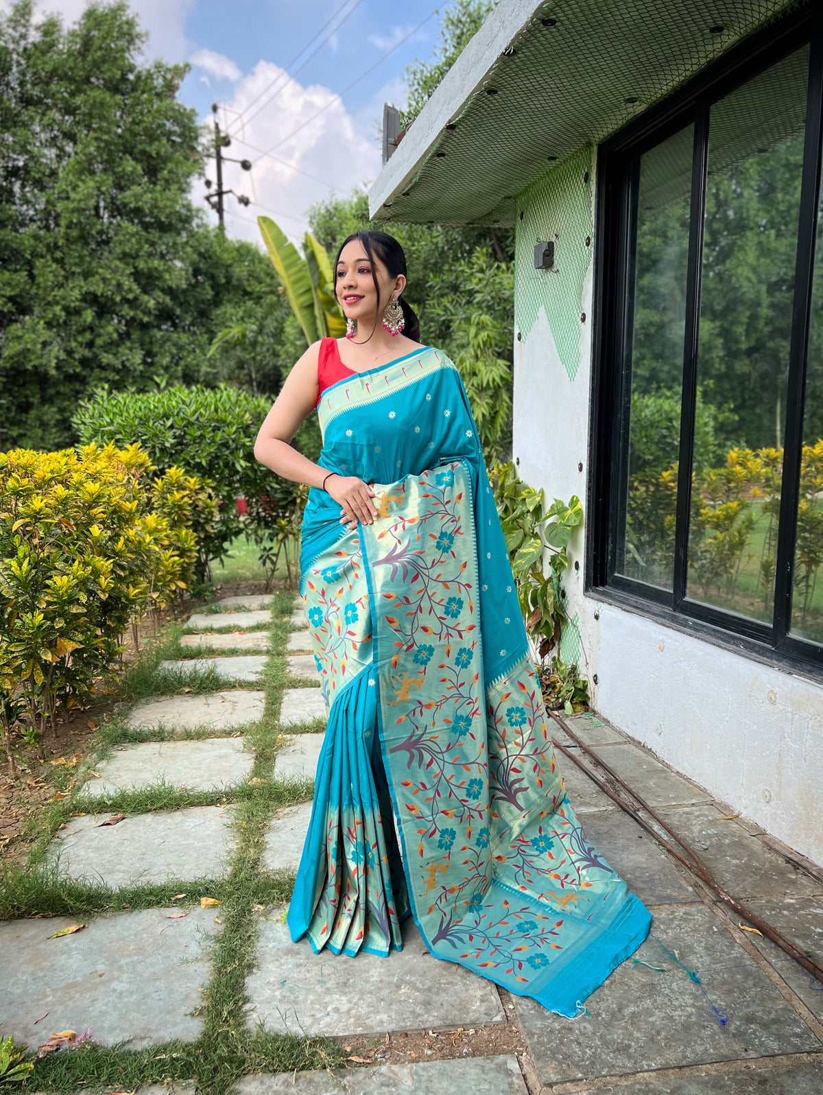 Firozi Color Pure Paithani Silk Saree with Traditional Paithani Border and Unique Motif Patterns - Contrast Richly Woven Pallu and Meenakari Motif Blouse.