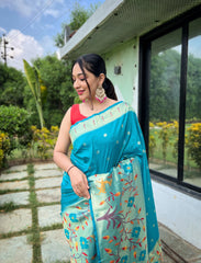 Firozi Color Pure Paithani Silk Saree with Traditional Paithani Border and Unique Motif Patterns - Contrast Richly Woven Pallu and Meenakari Motif Blouse.