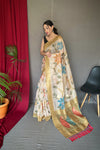 Golden Color Digital Print Silk Saree with Floral Katha Stitch, Golden Zari Rich Pallu, Golden Motifs & Unique Color Combination | Unstitched Blouse Piece.