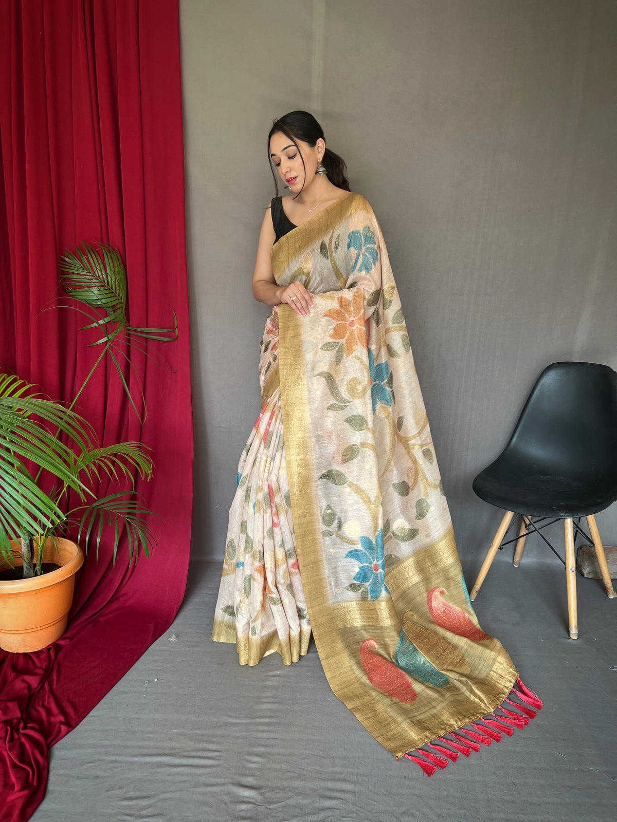 Golden Color Digital Print Silk Saree with Floral Katha Stitch