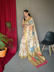 Golden Color Digital Print Silk Saree with Floral Katha Stitch, Golden Zari Rich Pallu, Golden Motifs & Unique Color Combination | Unstitched Blouse Piece.