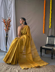 Original Gold Color Tissue Silk Sarees with All-Over Zari Weaving and Mango Border - Chit Pallu with Jhalar, Paired with Zari Lining Unstitched Blouse.