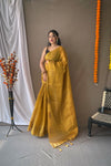 Original Gold Color Tissue Silk Sarees with All-Over Zari Weaving and Mango Border - Chit Pallu with Jhalar, Paired with Zari Lining Unstitched Blouse.