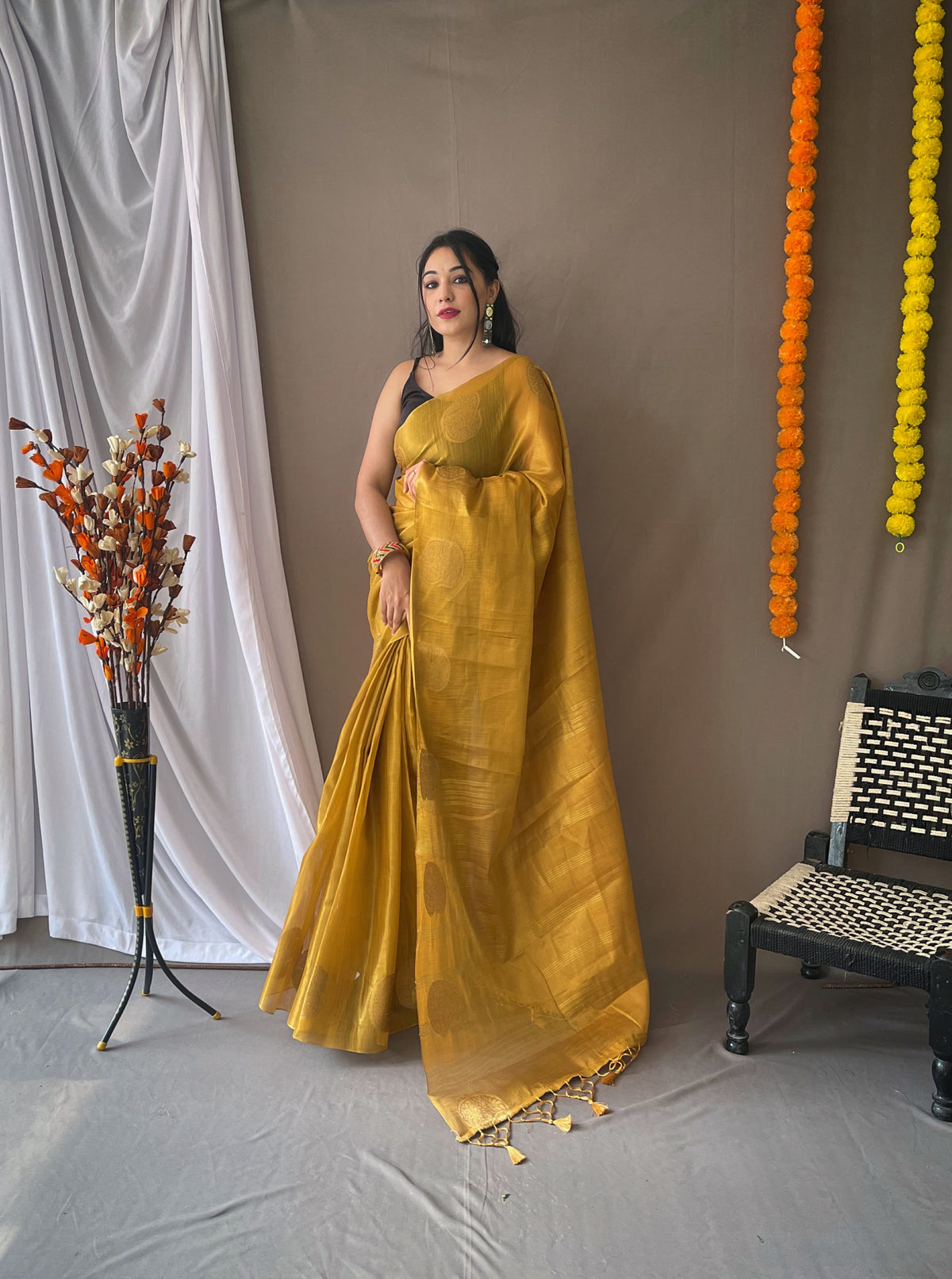 Original Gold Color Tissue Silk Sarees with All-Over Zari Weaving and Mango Border - Chit Pallu with Jhalar, Paired with Zari Lining Unstitched Blouse.