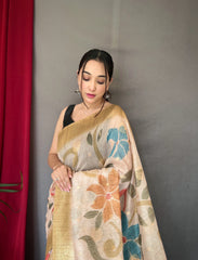 Golden Color Digital Print Silk Saree with Floral Katha Stitch, Golden Zari Rich Pallu, Golden Motifs & Unique Color Combination | Unstitched Blouse Piece.