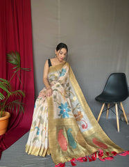 Golden Color Digital Print Silk Saree with Floral Katha Stitch, Golden Zari Rich Pallu, Golden Motifs & Unique Color Combination | Unstitched Blouse Piece.