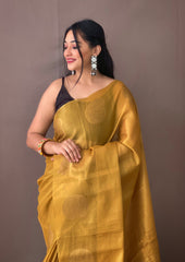 Original Gold Color Tissue Silk Sarees with All-Over Zari Weaving and Mango Border - Chit Pallu with Jhalar, Paired with Zari Lining Unstitched Blouse.