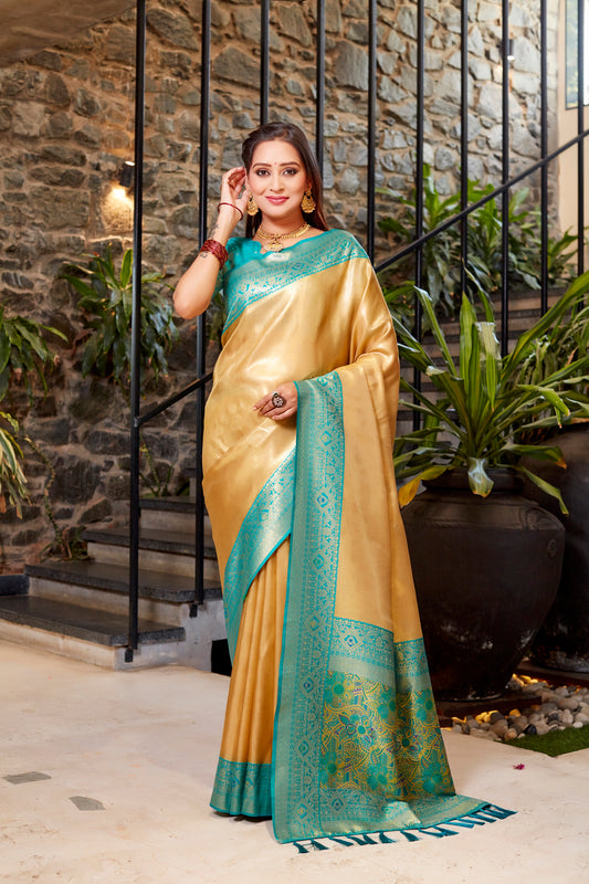 Golden Color Tissue Silk Heavy Design Saree