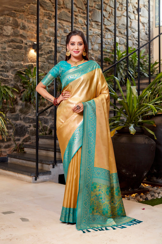 Golden Color Tissue Silk Heavy Design Saree